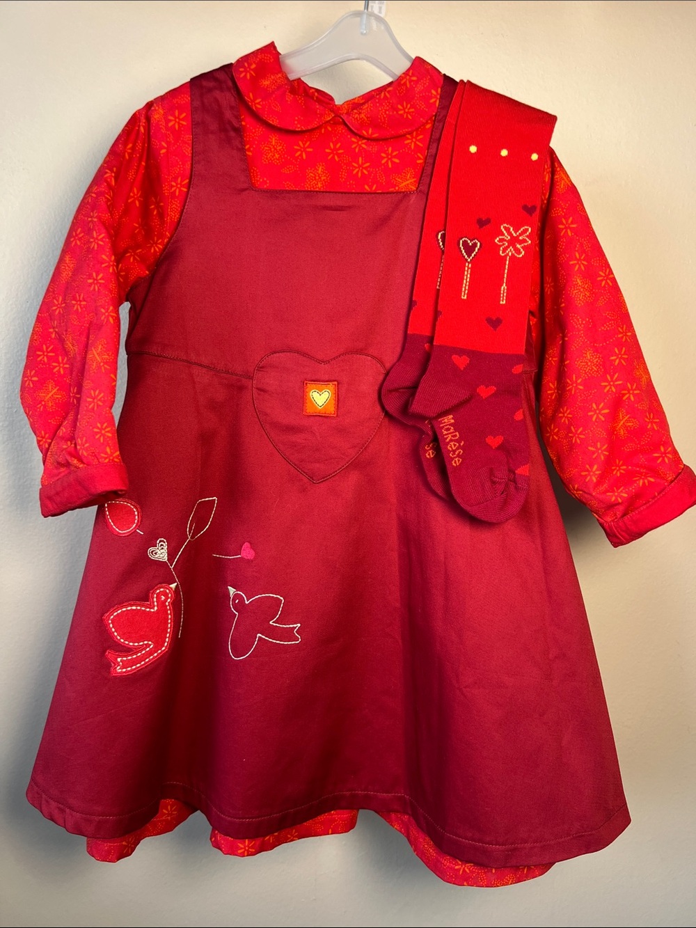 Vintage Girls Red Heart Appliqué Jumper Dress with Tights